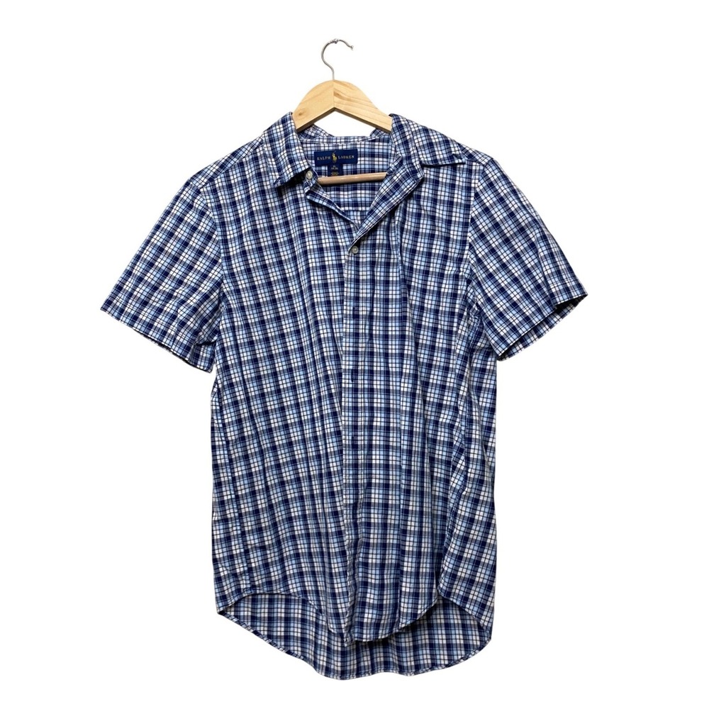 Ralph Lauren Mens XL 18-20‎ Blue White Plaid Short Sleeve Button Down Shirt Pony
